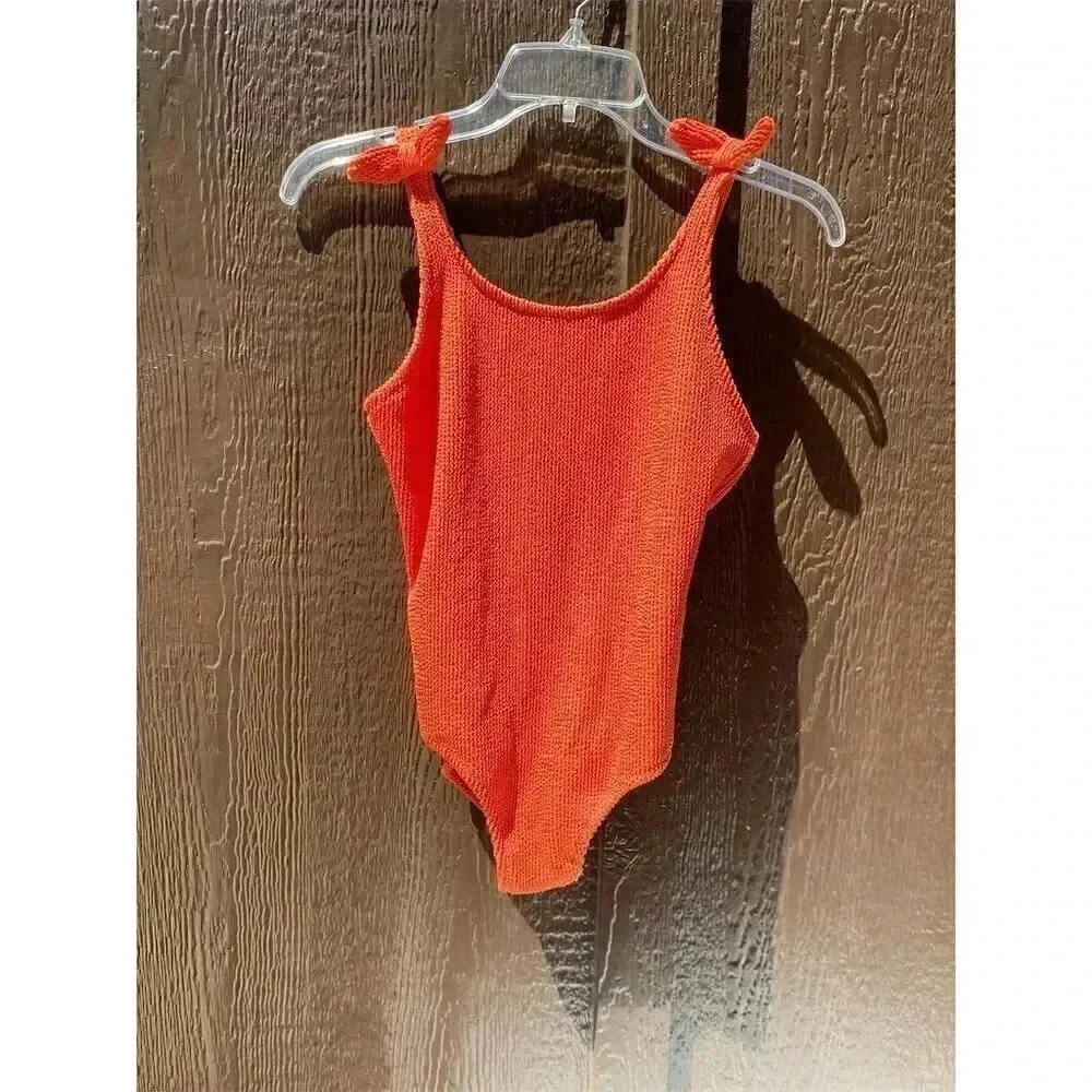 Cat & Jack Girls' Orange One-Piece Swimsuit Size L 10/12 Textured Pucker Design